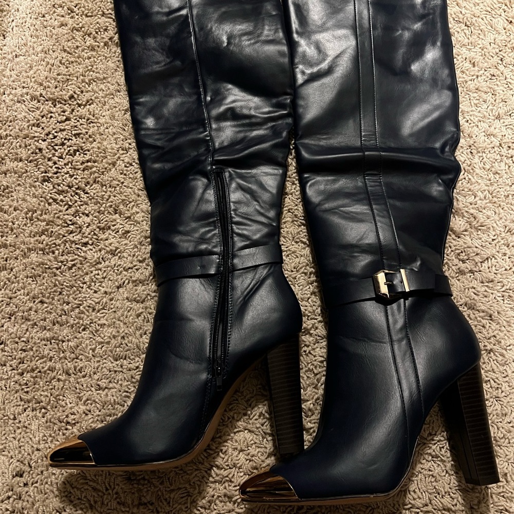 Navy blue and gold Up to the thigh boots size 10